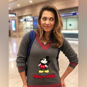 Disney Gray V-Neck Mickey Mouse Sweater with Red Trim